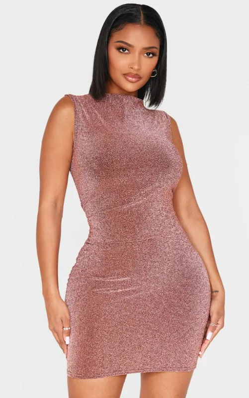 Shape Gold Glitter Lurex High Neck Ruched Side Mini Dress sold by Pretty Little Thing