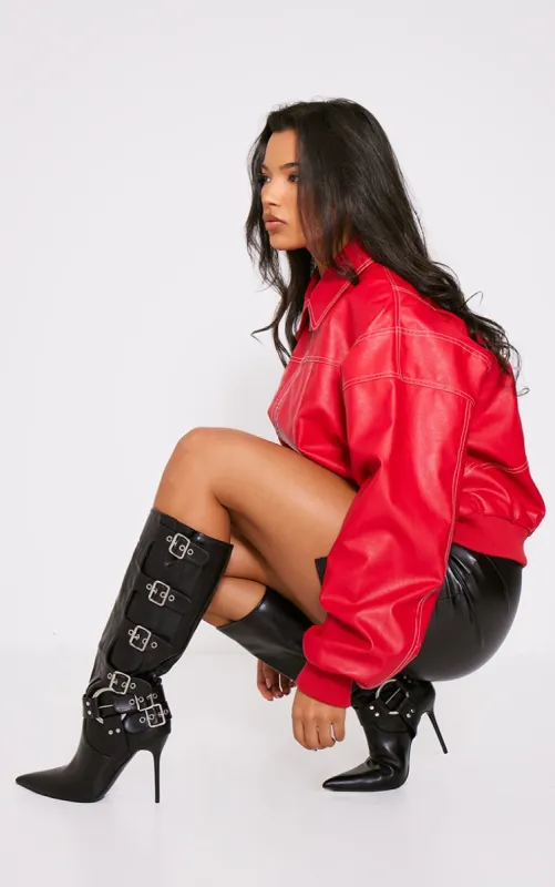 Black Pu Point Toe Buckle Detail Knee High Heeled Boots sold by Pretty Little Thing