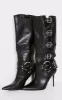 Black Pu Point Toe Buckle Detail Knee High Heeled Boots sold by Pretty Little Thing