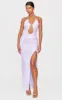 Purple Sequin Tie Neck Cut Out Maxi Dress sold by Pretty Little Thing
