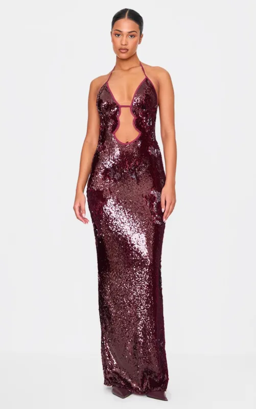 Tall Dark Red Sequin Plunge Halter Neck Maxi Dress sold by Pretty Little Thing
