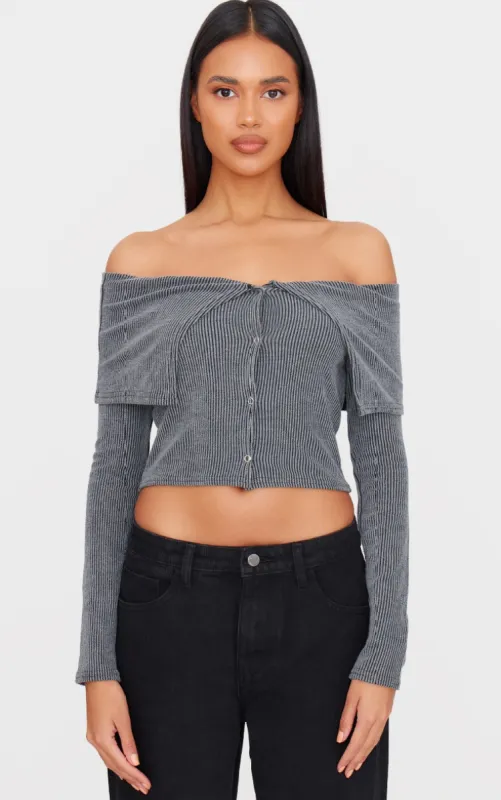 Charcoal Ribbed Button Down Fold Over Long Sleeve Top made by Pretty Little Thing