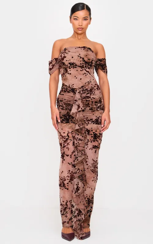Brown Floral Devore Corset Bardot Ruched Frill Maxi Dress sold by Pretty Little Thing