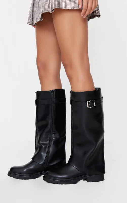 Black PU Round Toe Fold Over Buckle Detail Knee High Boots sold by Pretty Little Thing