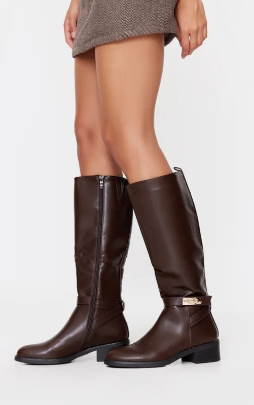 Brown PU Round Toe Lock Detail Knee High Boots sold by Pretty Little Thing