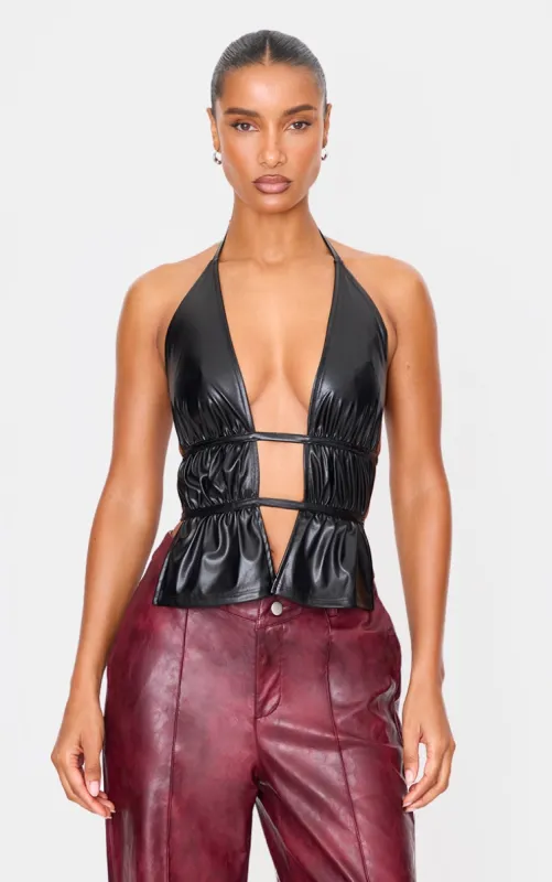 Black Faux Leather Ruched Halterneck Long Top sold by Pretty Little Thing