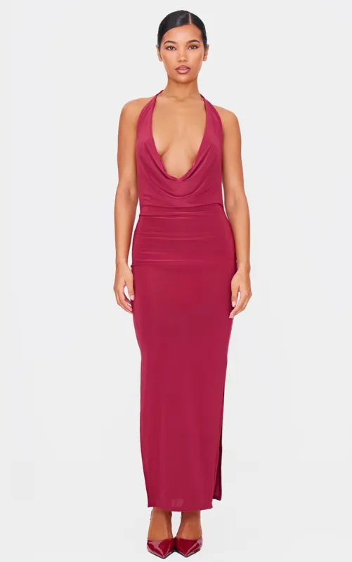 Burgundy Slinky Cowl Halterneck Maxi Dress sold by Pretty Little Thing