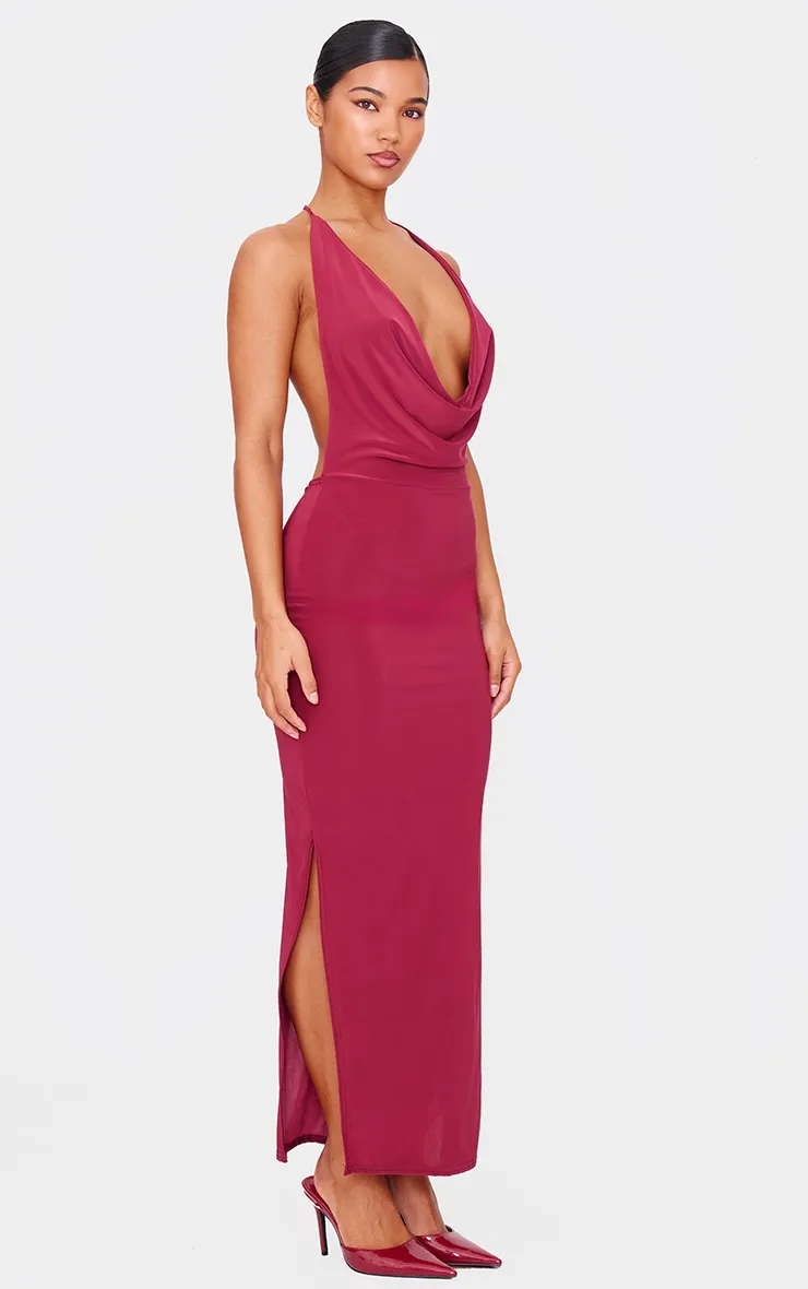 Burgundy Slinky Cowl Halterneck Maxi Dress sold by Pretty Little Thing product image thumbnail 3