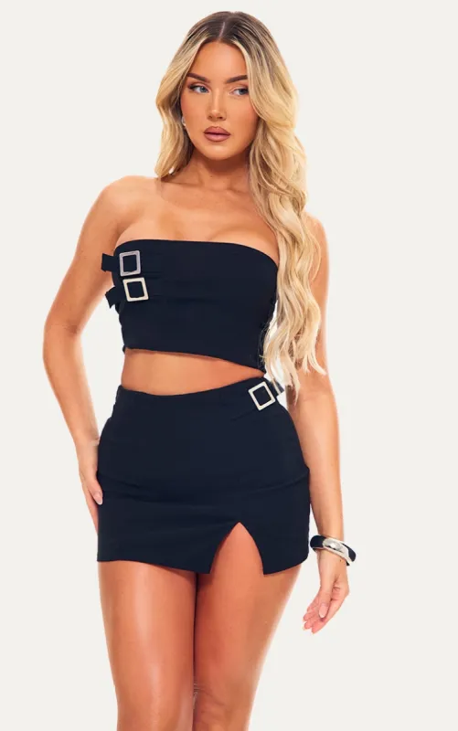 Black Woven Stretch Tailored Bandeau Buckle Top sold by Pretty Little Thing