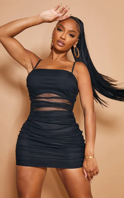 Shape Black Mesh Strappy Ruched Cut Out Dress sold by Pretty Little Thing