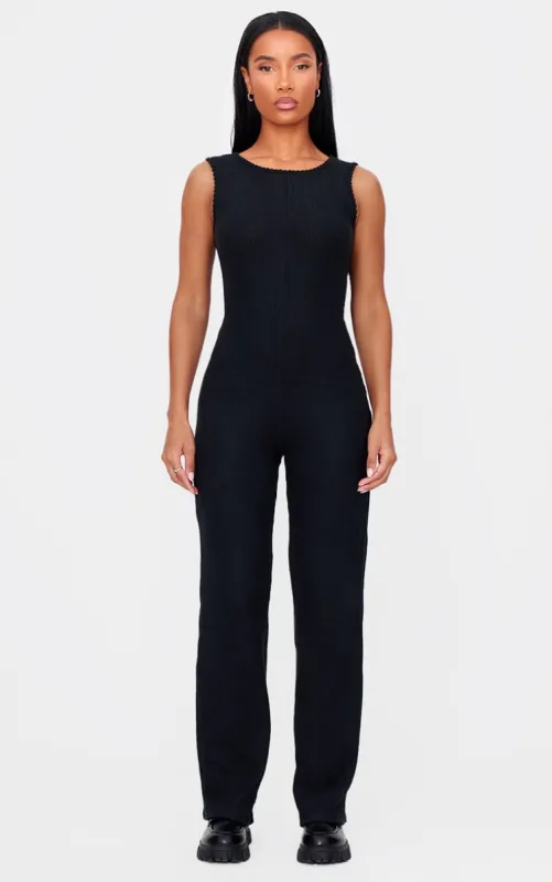 Black Soft Rib Wide Leg Racer Neck Jumpsuit sold by Pretty Little Thing