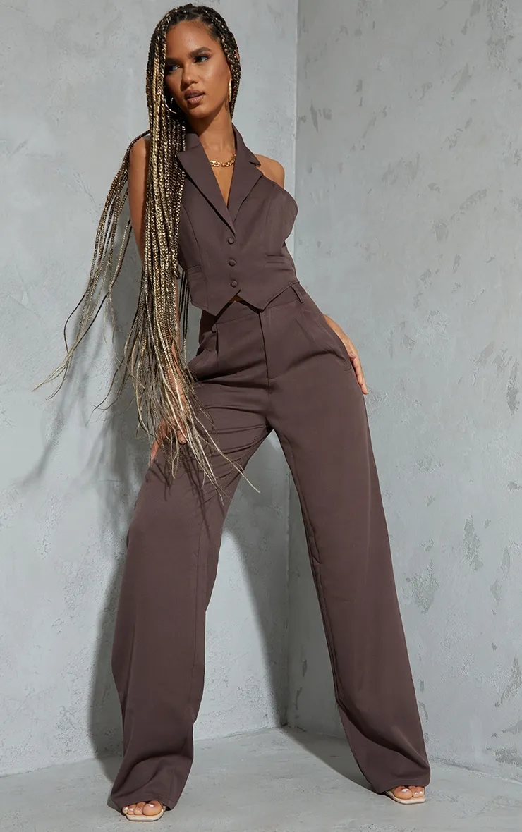 Dark Brown Woven Pleat Detail Wide Leg Trousers sold by Pretty Little Thing