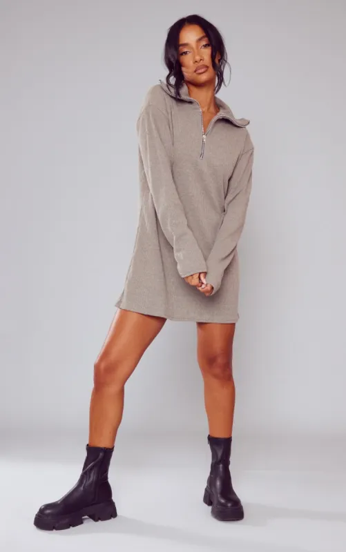 Sage Khaki Rib High Neck Half Zip Oversized Jumper Dress sold by Pretty Little Thing