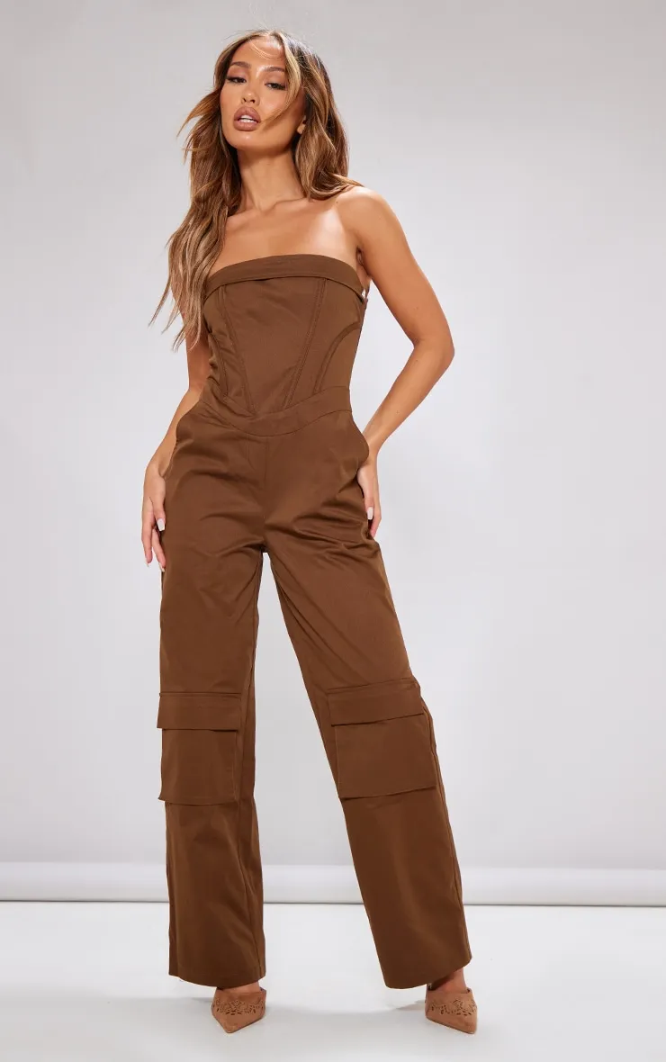 Petite Brown Corset Detail Cargo Jumpsuit sold by Pretty Little Thing