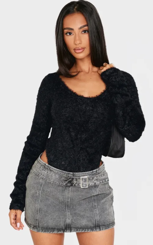 Petite Black Fluffy Round Neck Scoop Long Sleeve Bodysuit sold by Pretty Little Thing
