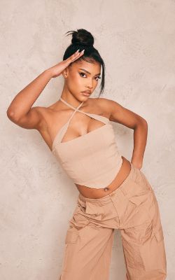 Camel Stretch Woven Cross Over Halter Crop Top made by Pretty Little Thing