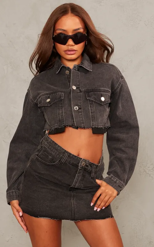 Petite Washed Black Pocket Detail Denim Cropped Jacket sold by Pretty Little Thing