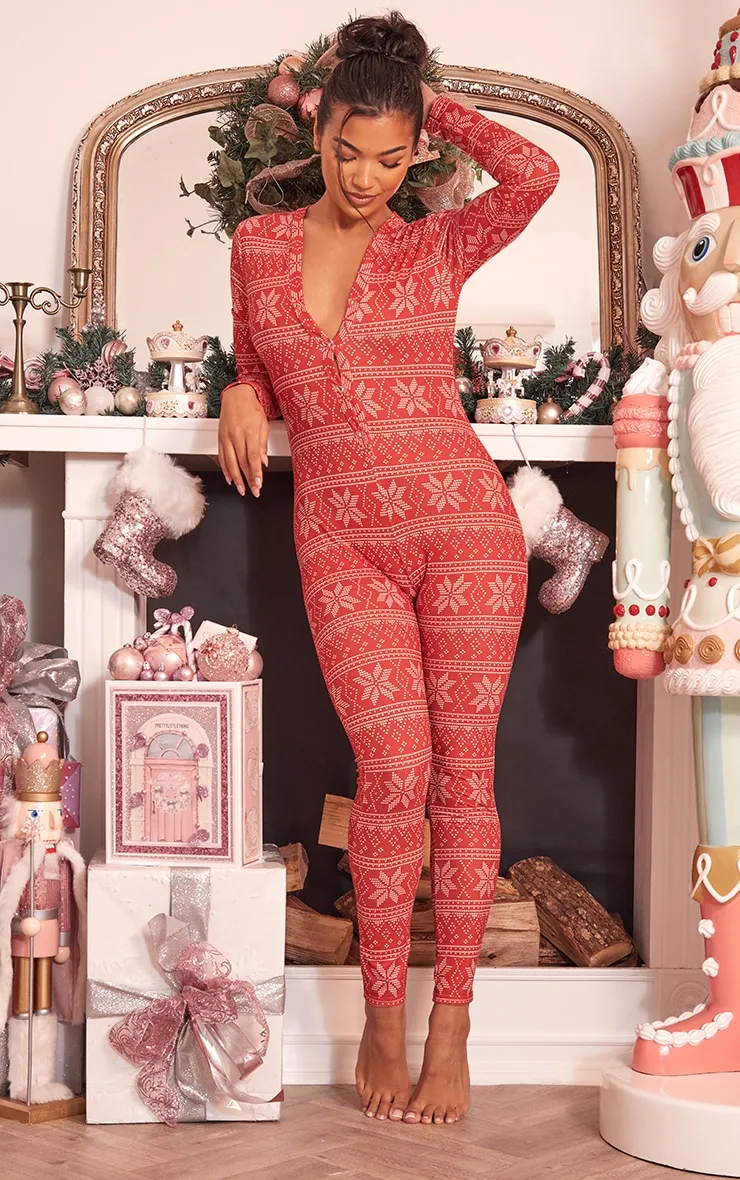 Red Christmas Fairisle Print Onesie sold by Pretty Little Thing