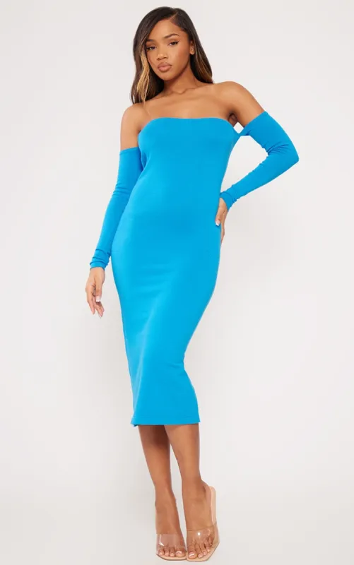 Cobalt Bardot Long Sleeve Knit Maxi Dress sold by Pretty Little Thing