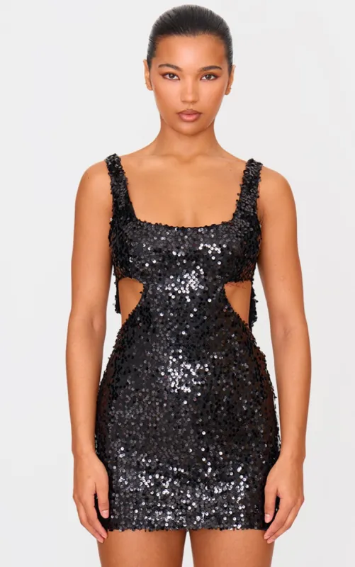 Black Sequin Side Cut Out Strappy Bodycon Dress sold by Pretty Little Thing