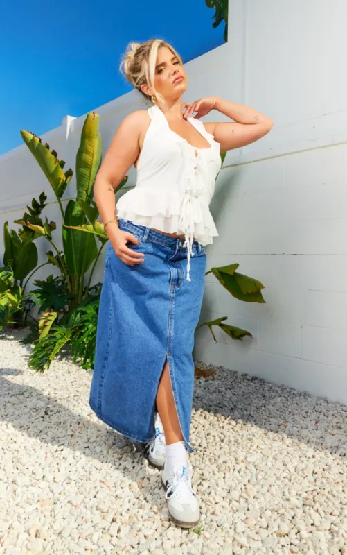 Plus Mid Blue Wash Split Front Denim Midi Skirt sold by Pretty Little Thing