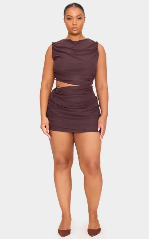 Plus Chocolate Mesh Trim Detail Ruched Mini Skirt sold by Pretty Little Thing