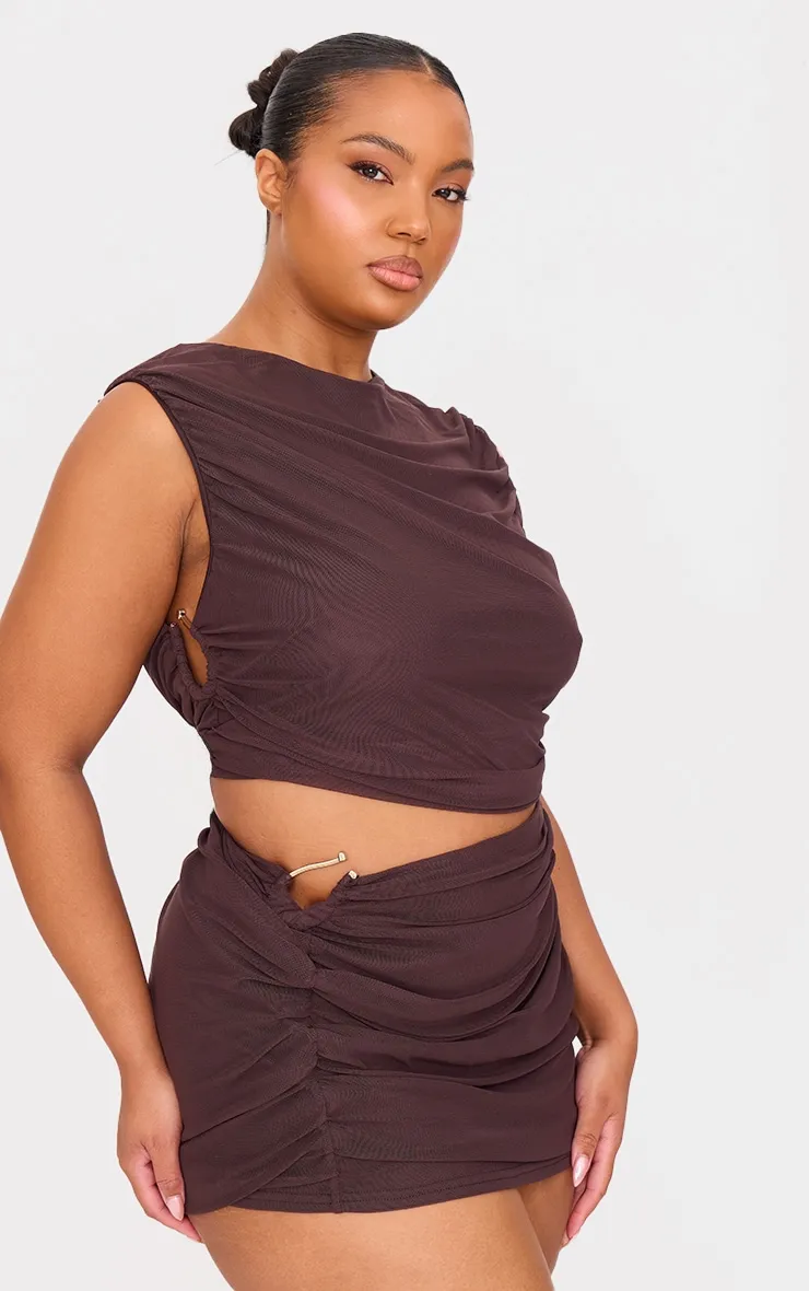 Plus Chocolate Mesh Trim Detail Ruched Mini Skirt sold by Pretty Little Thing product image thumbnail 4