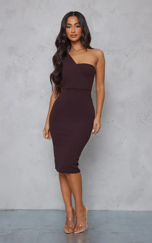 Petite Chocolate One Shoulder Drape Midi Dress sold by Pretty Little Thing