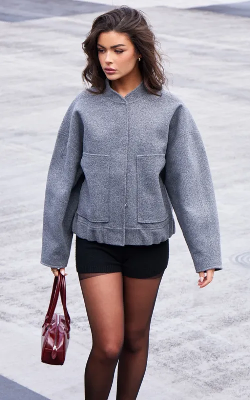 Grey Wool Look Longline Bomber Jacket sold by Pretty Little Thing