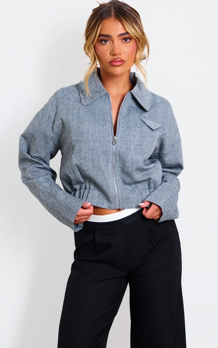 Grey Textured Collar Detail Cropped Bomber Jacket sold by Pretty Little Thing