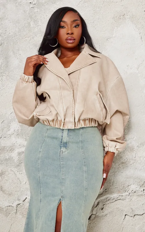 Plus Taupe Distressed Faux Leather Button Up Bomber Jacket sold by Pretty Little Thing
