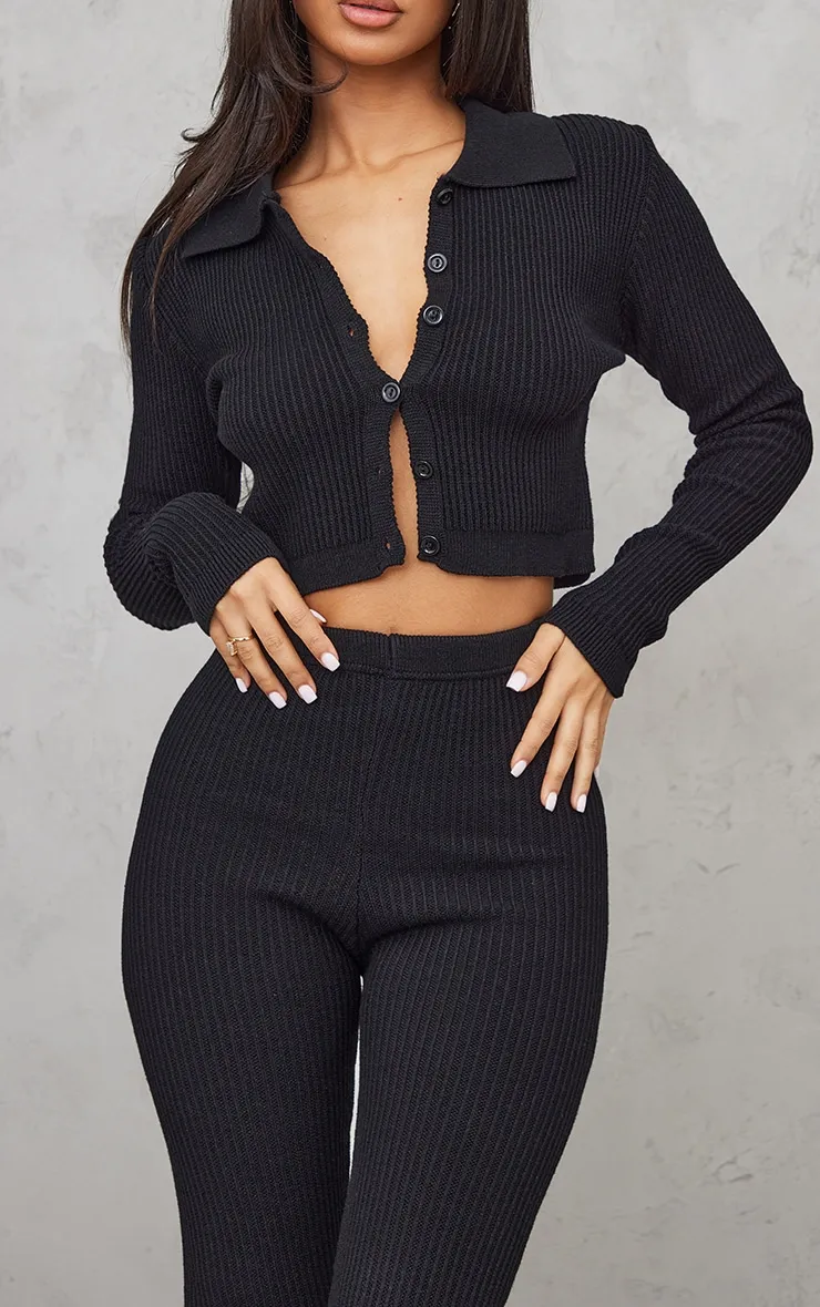 Petite Black Knitted Rib High Waisted Skinny Flares sold by Pretty Little Thing product image thumbnail 4