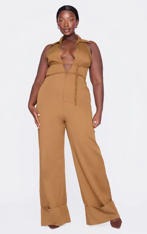 Plus Tan Mini Belt Detail Plunge Straight Leg Jumpsuit made by Pretty Little Thing