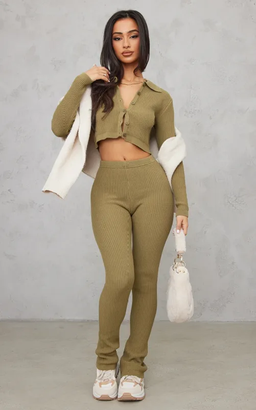 Petite Khaki Knitted Rib High Waisted Skinny Flare Trousers sold by Pretty Little Thing