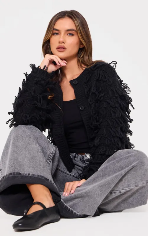Black Loop Knit Crew Neck Button Up Cardigan sold by Pretty Little Thing