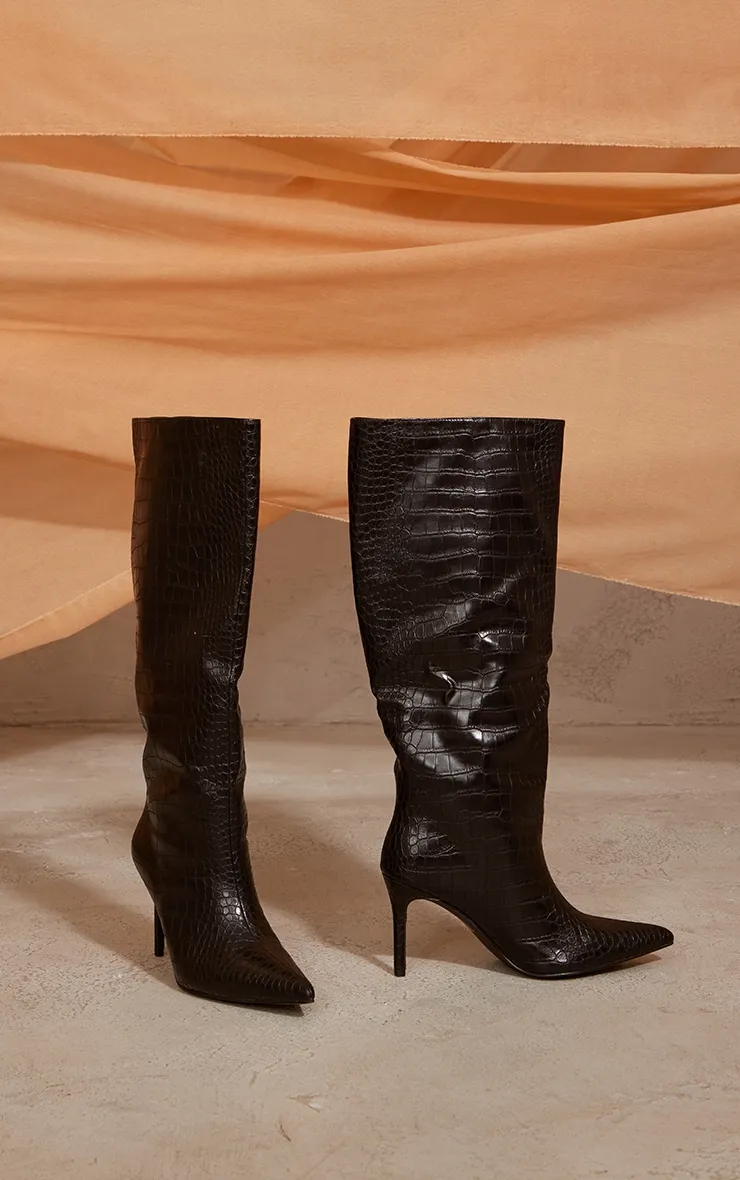 Black PU Croc Detail Point Toe Stiletto Heeled Knee Boots sold by Pretty Little Thing product image thumbnail 3