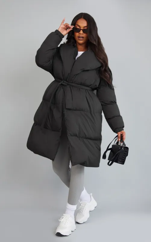Maternity Black Oversized Collar Belted Longline Puffer Coat sold by Pretty Little Thing