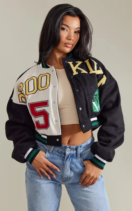 Black Wool Look Slogan Front Cropped Bomber Jacket sold by Pretty Little Thing