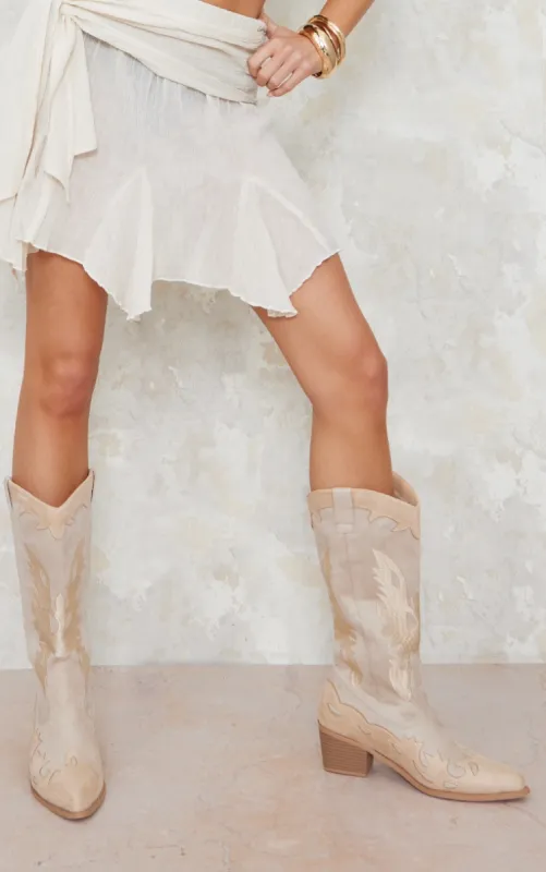 Beige Faux Suede Embroidered Detail Wide Fit Western Calf Boots sold by Pretty Little Thing