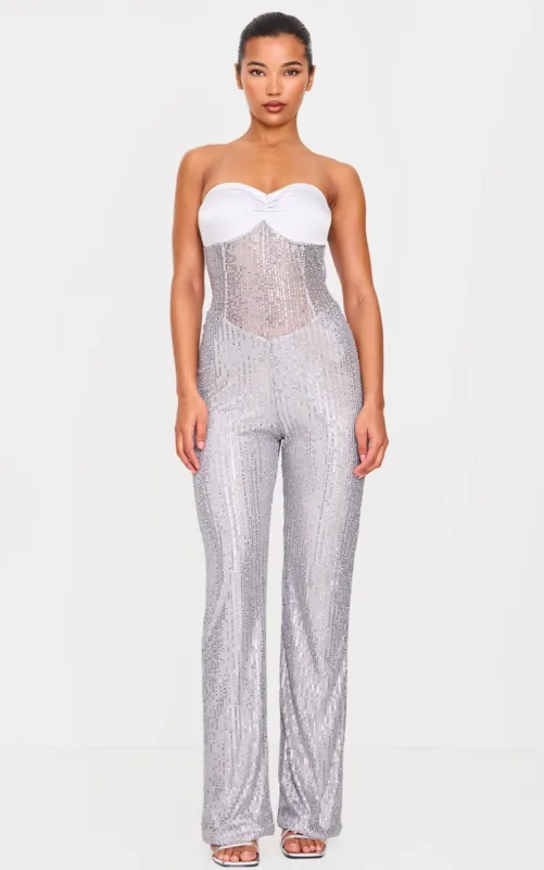 Silver Sequin Bandeau Sheer Panel Jumpsuit sold by Pretty Little Thing