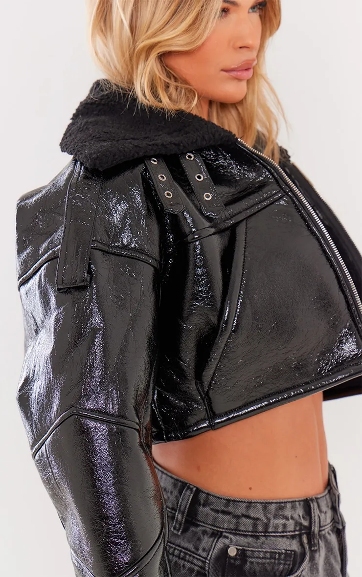 Black Borg Lined Vinyl Cropped Jacket sold by Pretty Little Thing product image thumbnail 4