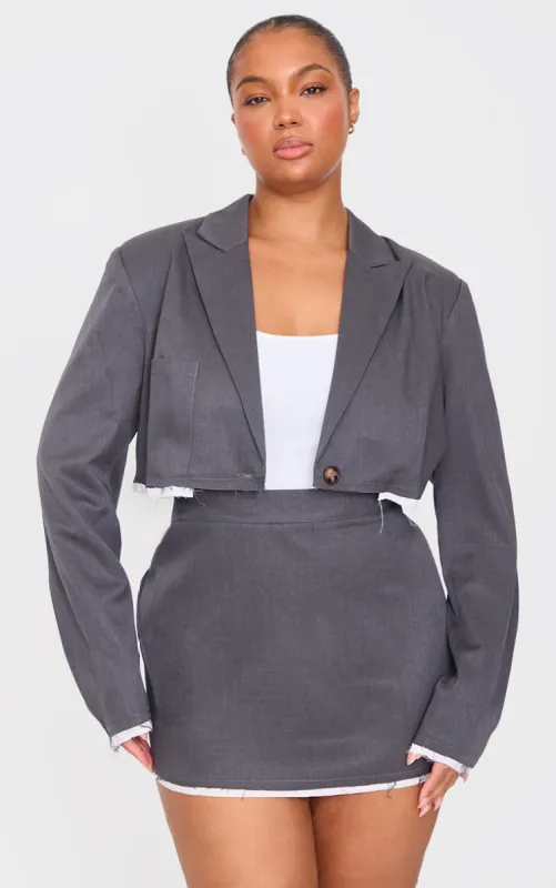 Plus Grey Contrast Binding Cropped Blazer sold by Pretty Little Thing