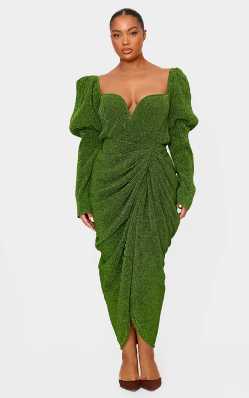Plus Green Glitter Plisse Puff Sleeve V Bar Draped Midi Dress sold by Pretty Little Thing