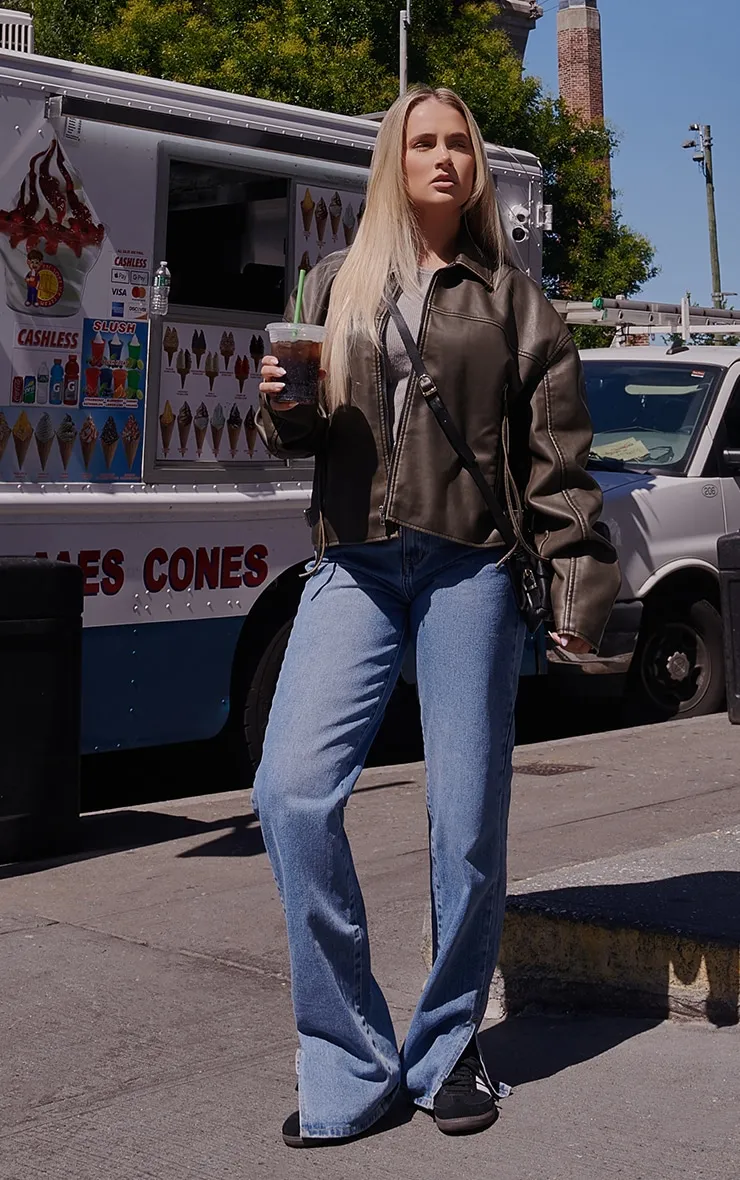 Brown Distressed Look Zip Boxy Trim Detail Biker Jacket sold by Pretty Little Thing