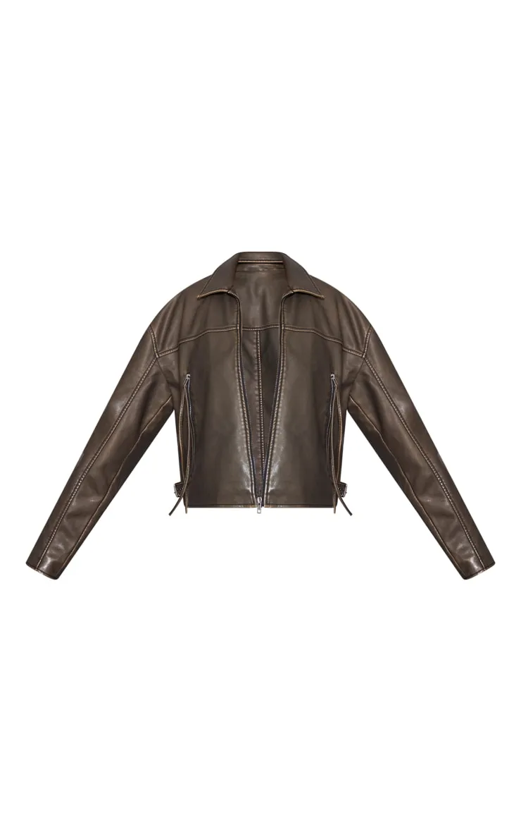 Brown Distressed Look Zip Boxy Trim Detail Biker Jacket sold by Pretty Little Thing product image thumbnail 5