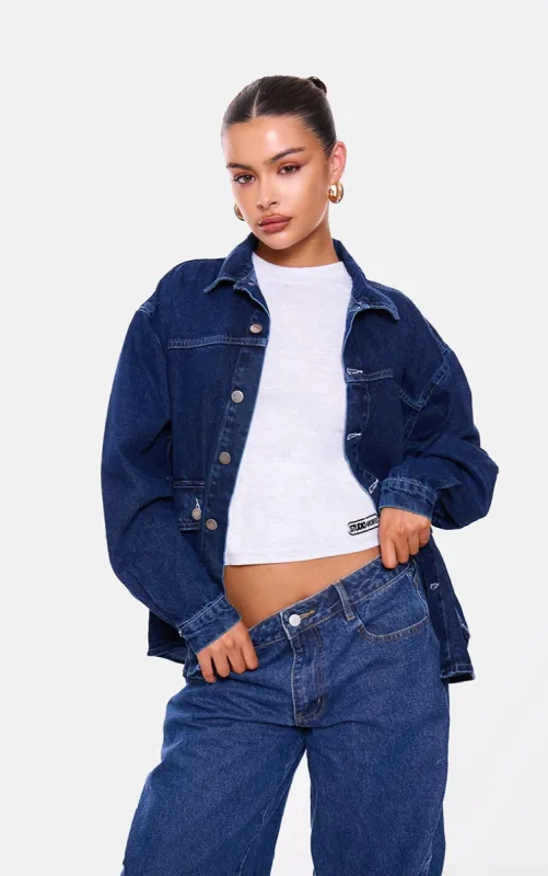 Indigo Oversized Button Up Pocket Detail Denim Shacket sold by Pretty Little Thing