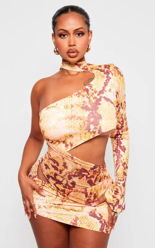 Shape Orange Snake Print Slinky One Sleeve Cut Out Bodycon Dress sold by Pretty Little Thing