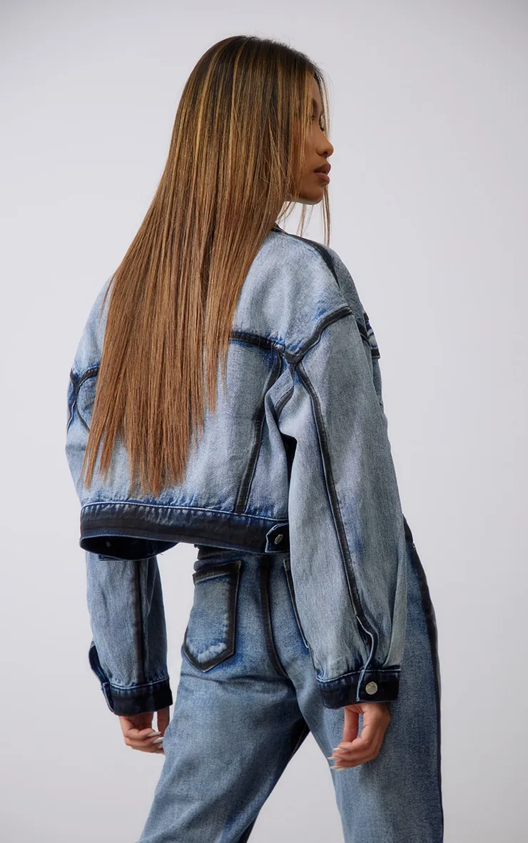 Indigo Blue Wash Contrast Edge Washed Down Cropped Denim Jacket sold by Pretty Little Thing product image thumbnail 2