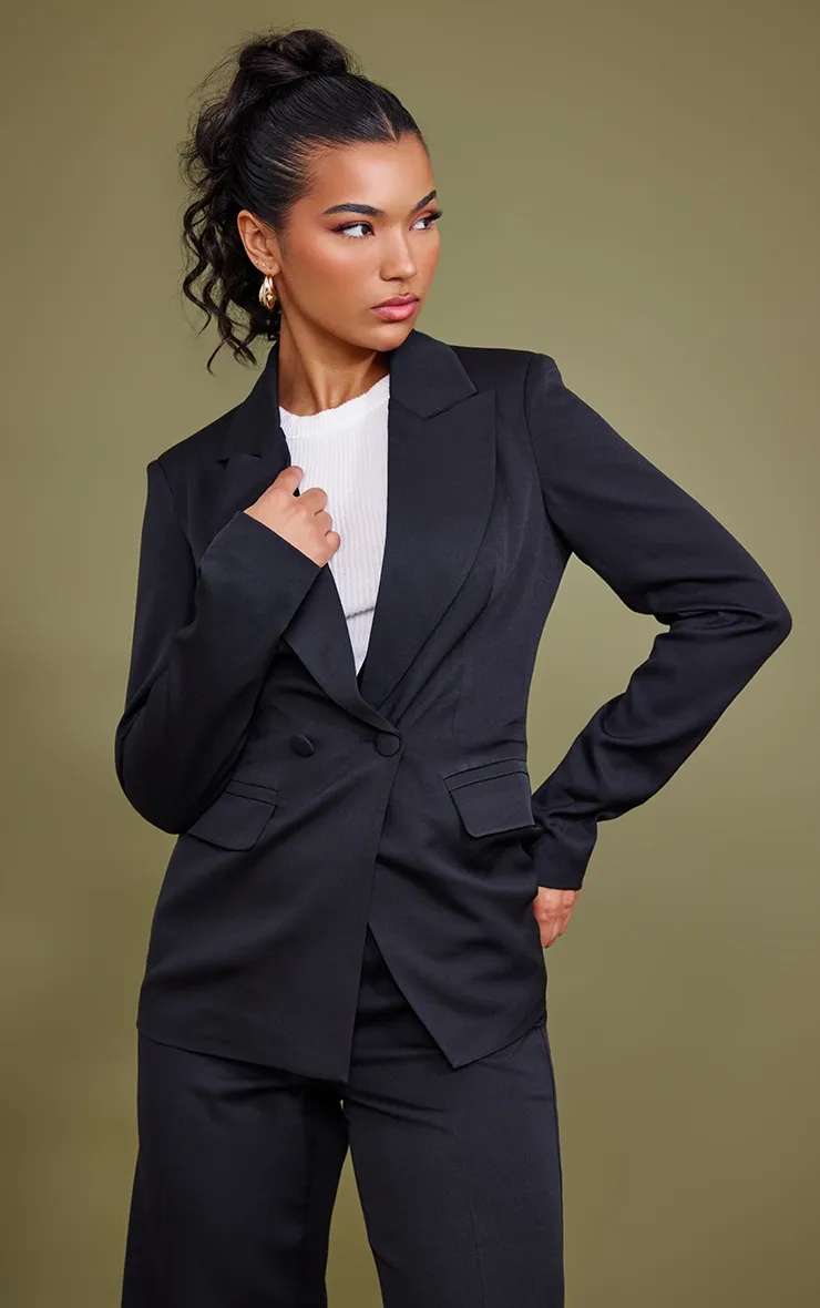 Black Woven Pocket Detail Double Breasted Blazer sold by Pretty Little Thing