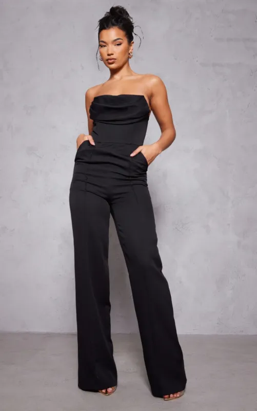 Black Bandeau Cowl Neck Pocket Detailed Jumpsuit sold by Pretty Little Thing